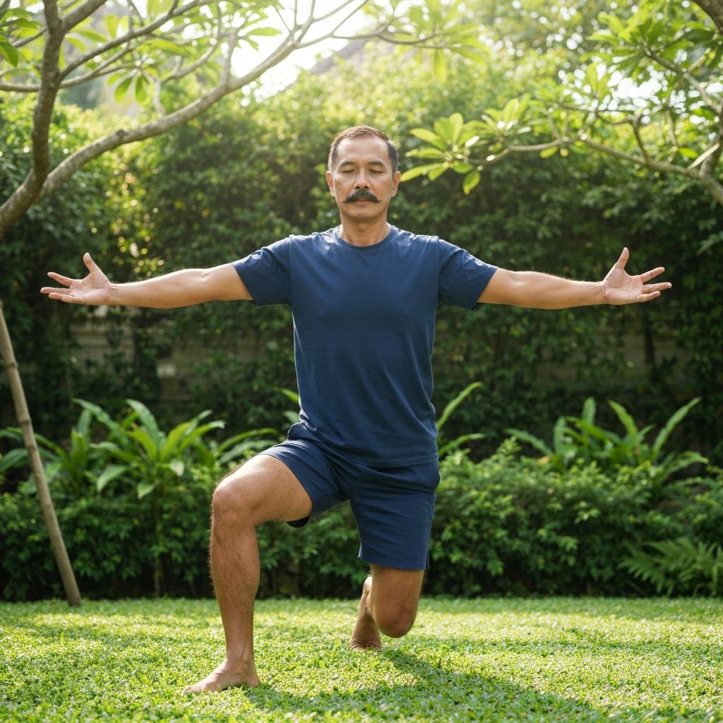 Pria melakukan yoga di alam terbuka